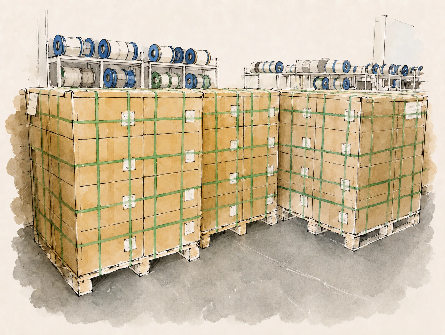 Bulk fiber spool pallets in B2B shipment illustration